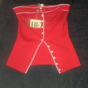 Red Strapless Ribbed Button-Front Tank Top